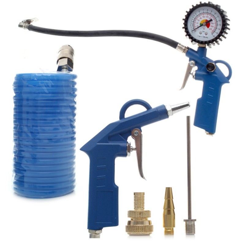Trusa 6 elemente pneumatice furtun 5m, pistol suflat si umflat si 3 accesorii umflare